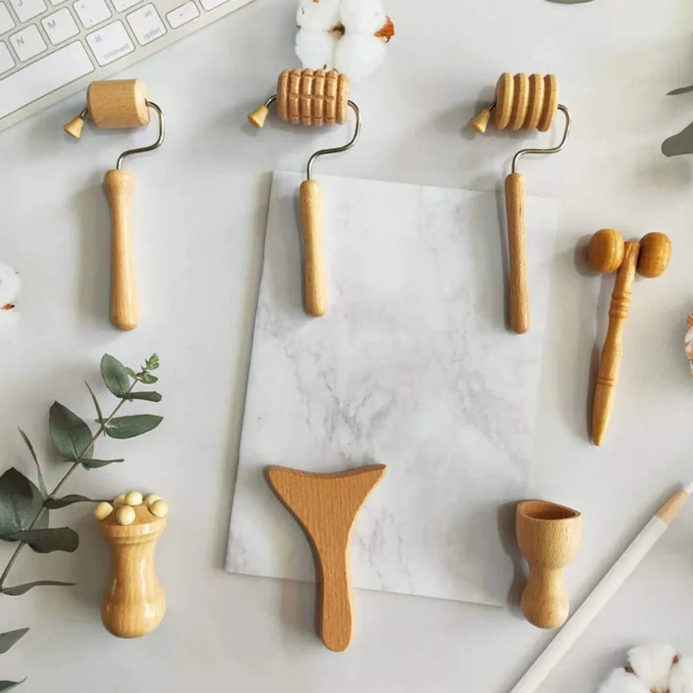 6/7/8Pcs/Set Wooden Facial Massage Tools Roller Scraping Board Face Massager Kit Durable Anti-Aging Facial Care Kit