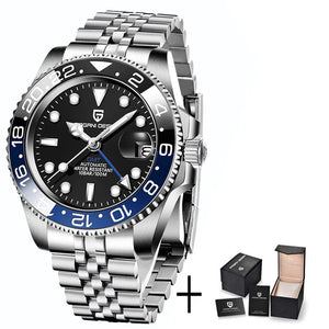 Luxury PAGANI DESIGN GMT men's watch with sapphire crystal, automatic movement, 40mm case, in a sleek design.