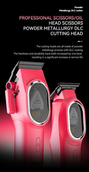 Kemei KM-8502 cordless hair clipper kit for home grooming, with adjustable blades and attachments, on a grooming table.