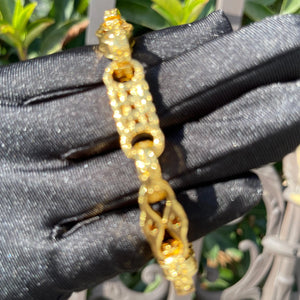 Gold-plated bubble letter bracelet for men with iced out jewelry design, showcasing bold, shiny gold accents and intricate letter details.