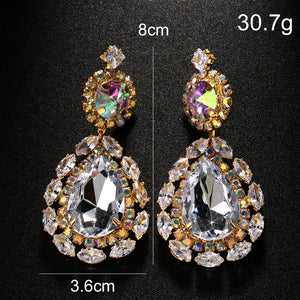 Colorful rhinestone jewelry set for women featuring a water drop necklace and matching earrings by Hot Trend Vault.
