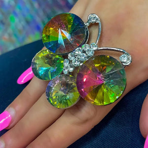 Open rhinestone butterfly finger ring featuring a Y2K style design by Hot Trend Vault, worn on a woman's finger.