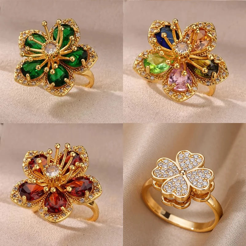 Green Zircon Flower Rings For Women Gold Color Stainless Steel Flower Floral Ring Elegant Luxury Wedding Aesthetic Jewelry Gift