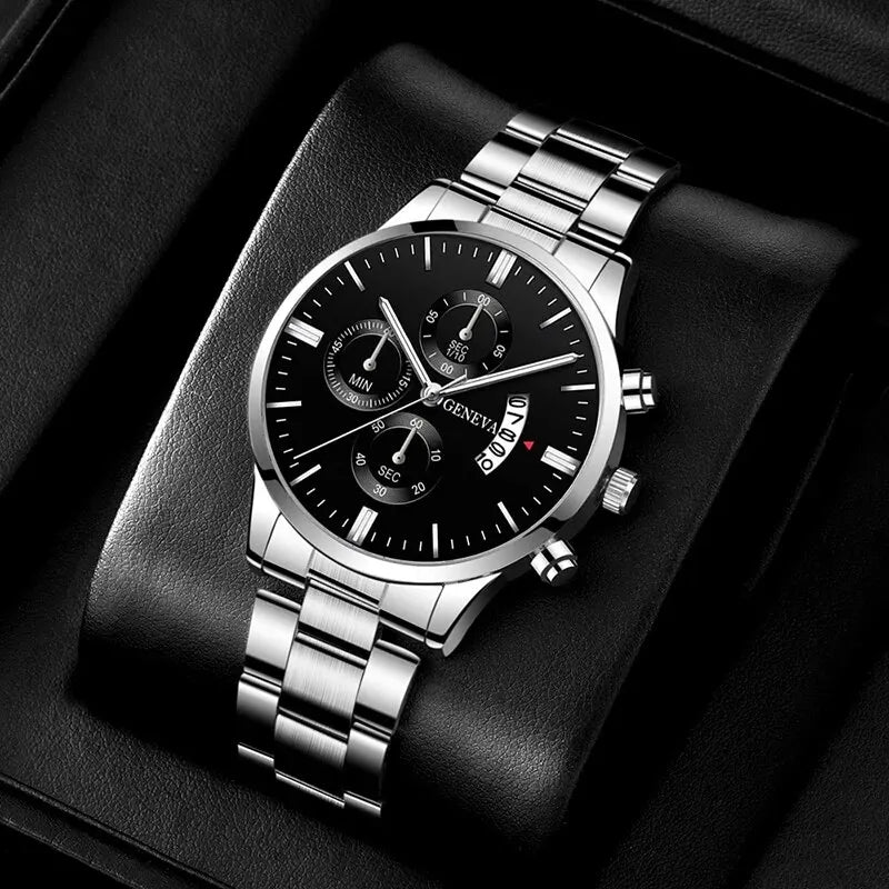 Deyros men's calendar quartz watch with luxury alloy band, round case, bracelet clasp, stylish accessories by Hot Trend Vault