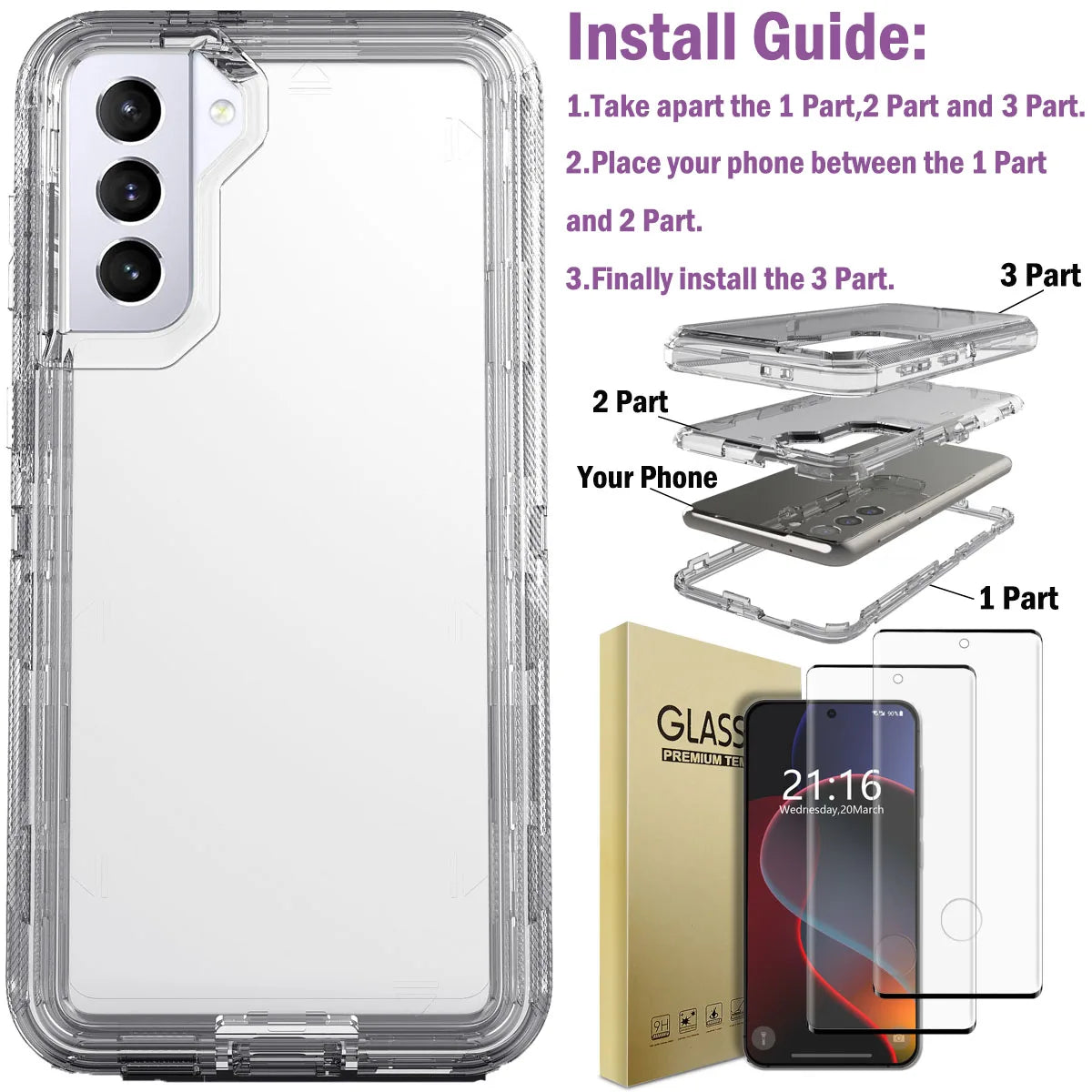 Hot Trend Vault Galaxy S21 Series transparent shockproof case with two tempered glass screen protectors, showcasing sleek, protective design.