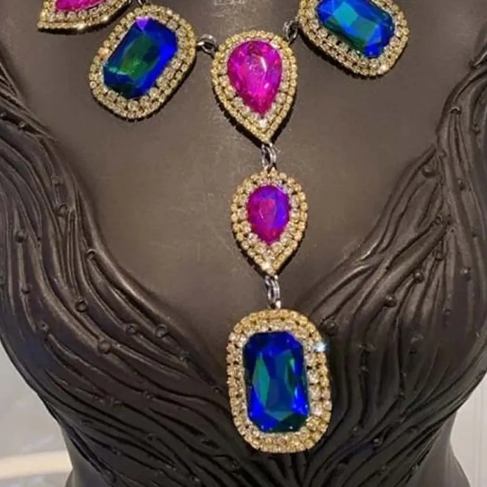 Stonefans Exaggerated Teardrop Necklace and Earrings Set Bride Jewelry Sets for Women Choker Wedding Dress Fashion Crystal Party