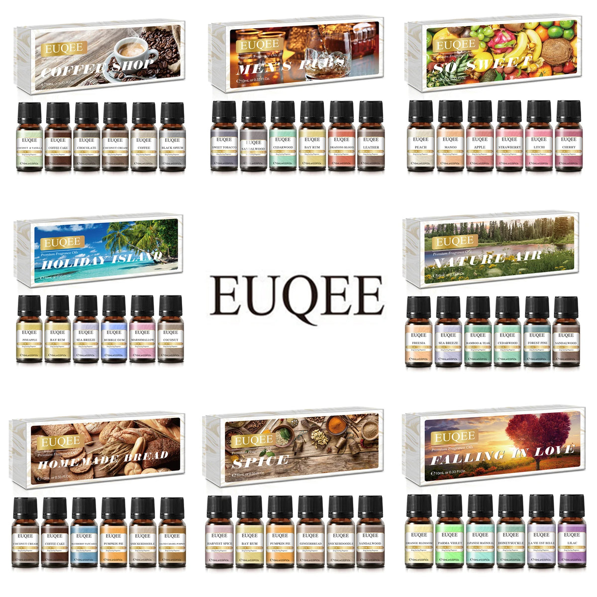 Set of six 10ml fragrance oil bottles for men and women by Hot Trend Vault, showcasing colorful glass bottles with elegant labels.
