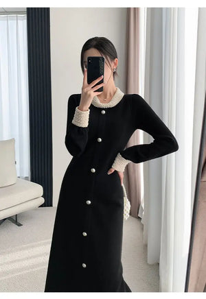 Elegant A Line Dress For Women Autumn Winter Regular Fit With Single Breasted Buttons And Peter Pan Collar