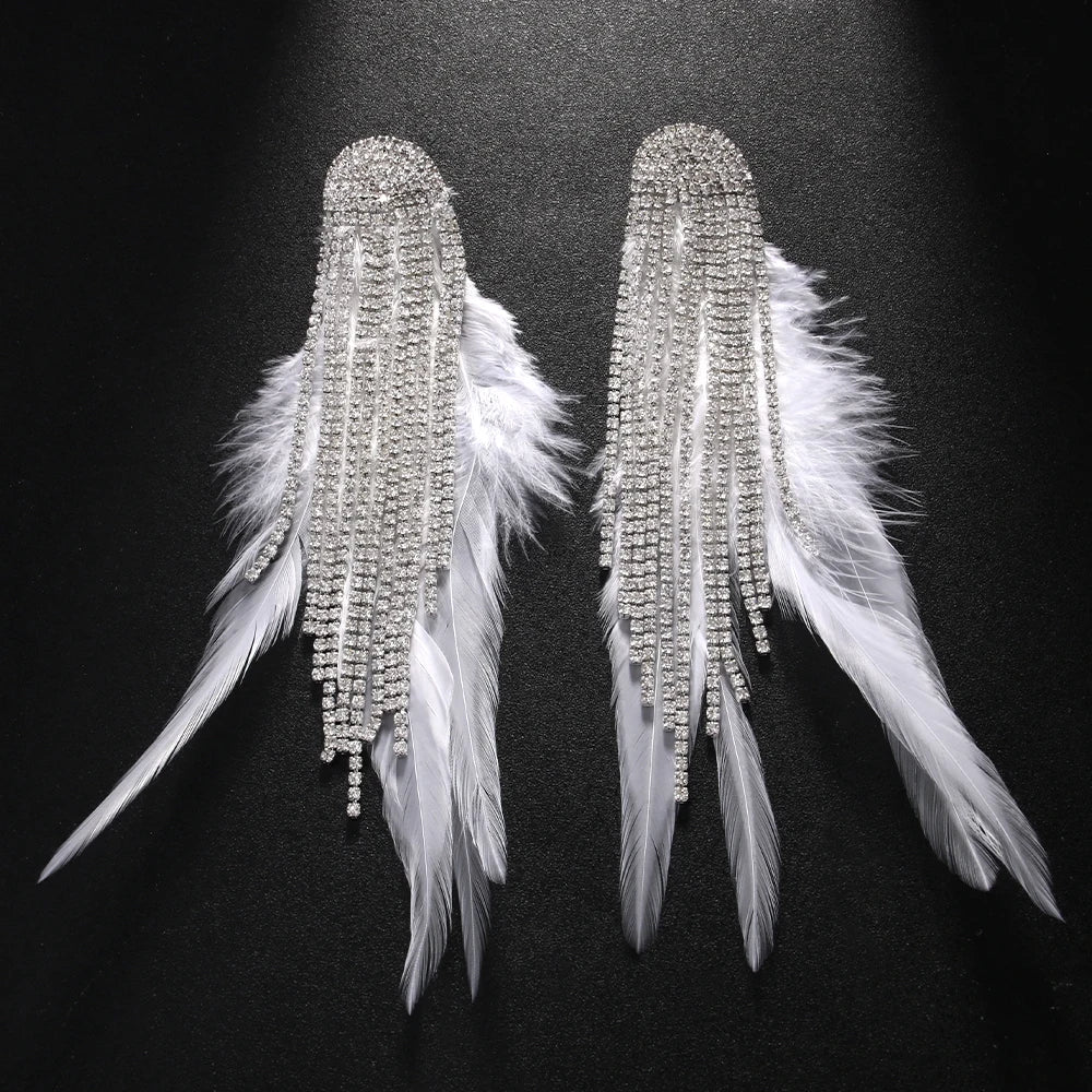 Stonefans tassel feather earrings with geometric crystal drops, boho wedding jewelry for women, by Hot Trend Vault