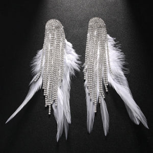 Stonefans tassel feather earrings with geometric crystal drops, boho wedding jewelry for women, by Hot Trend Vault