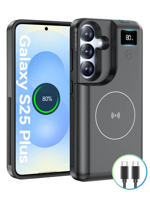 Hot Trend Vault NEWDERY 10,000mAh wireless charger power case for Galaxy S25, showing the sleek black case on the phone.