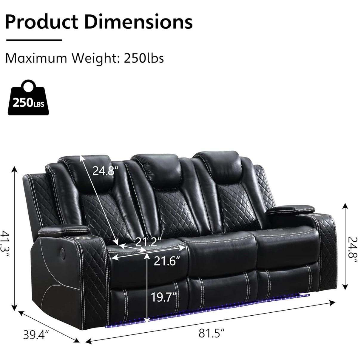 Hot Trend Vault Todrani premium 0 gravity power reclining sofa with wireless charger, USB Type-C, and LED floor lights in a modern living room.
