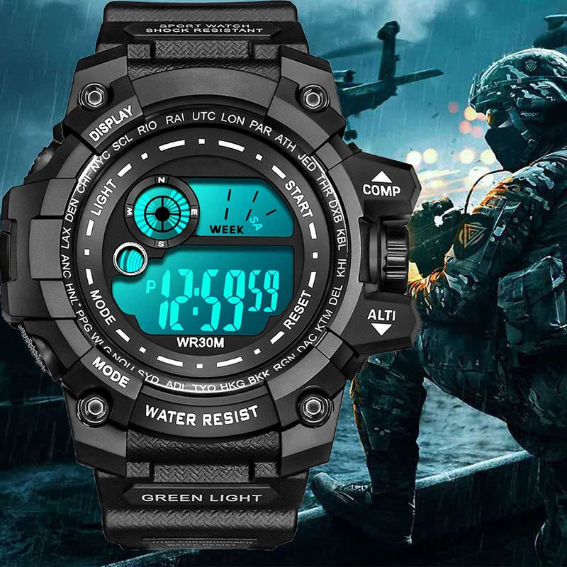 Hot Trend Vault men's LED digital watch with luminous display, waterproof design, military style, ideal for sports and outdoor activities.