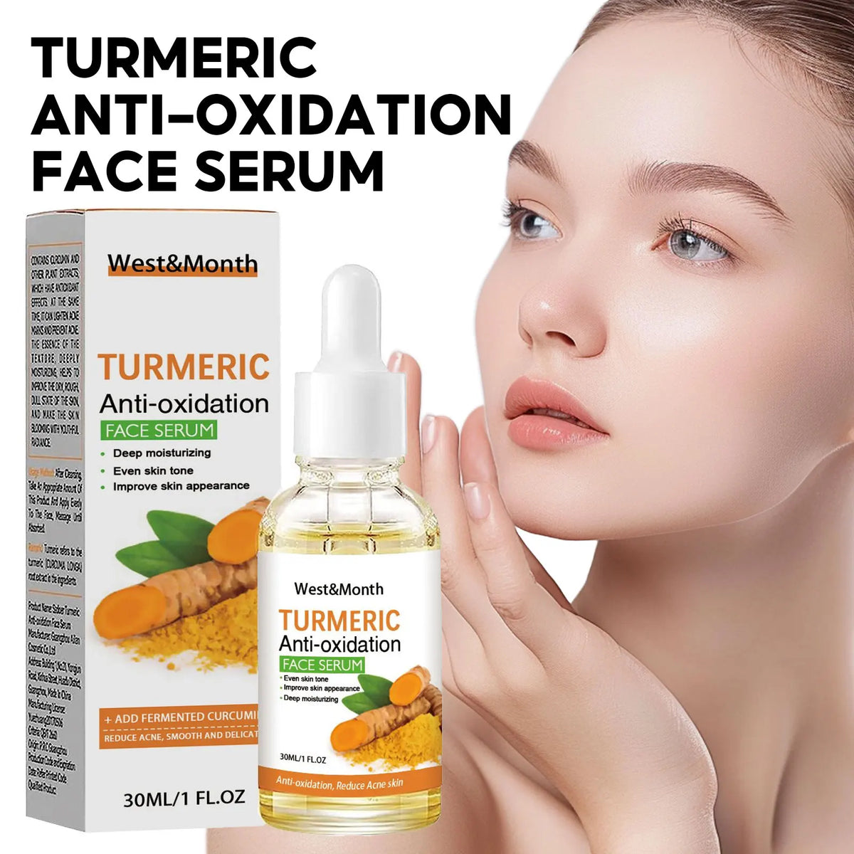 West&amp;Month Turmeric Face Serum by Hot Trend Vault, brightening skin and reducing pigmentation, suitable for all skin types.