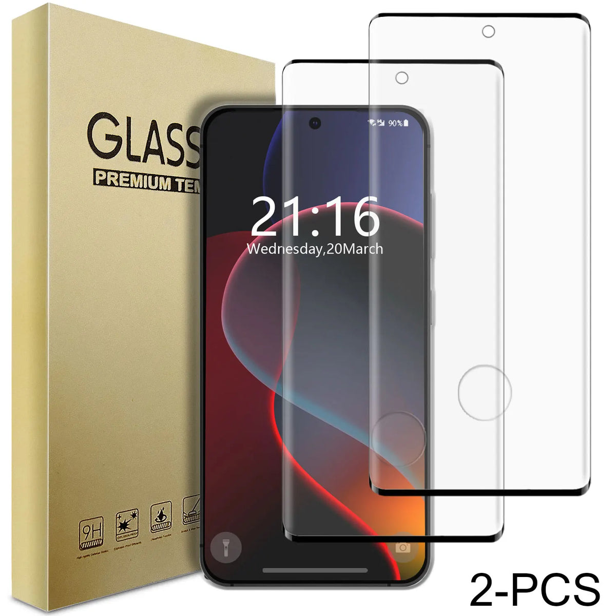 Hot Trend Vault Galaxy S21 Series transparent shockproof case with two tempered glass screen protectors, showing the sleek phone protection setup.