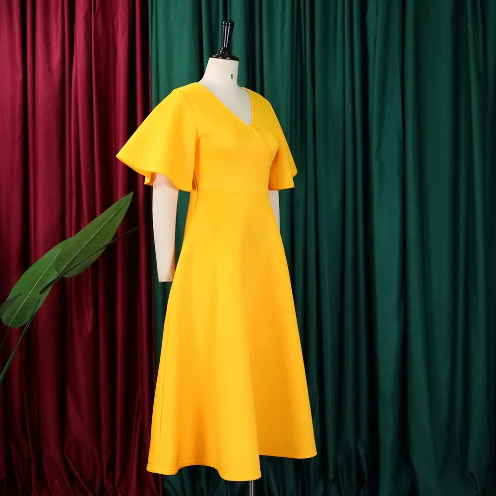 Elegant Dresses for Women V Neck Flare Sleeve High Waisted Pleated A Line Mid Calf Luxury Birthday Party Dinner Vestidos Mujer