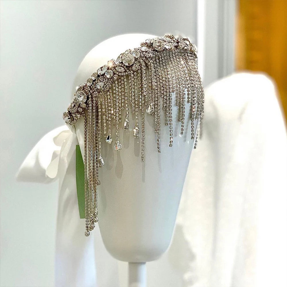 Beaded tassel head chain with rhinestones for women, bridal headband featuring stone fans and intricate design by Hot Trend Vault