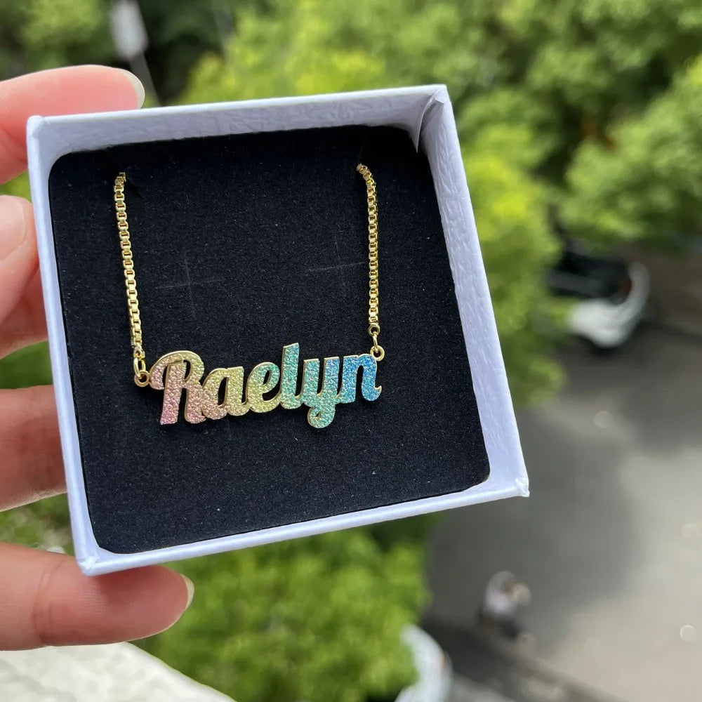 DUOYING Custom Name Necklace Colorful Dainty Glitz Glam Nameplate Bangles Cuff Stainless Steel Gold Jewelry Set For Kids