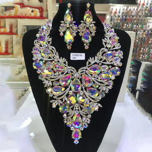 Hot Trend Vault Rhinestone drop necklace and earrings set with exaggerated glam for women, perfect for drag queen or glamorous fashion looks.