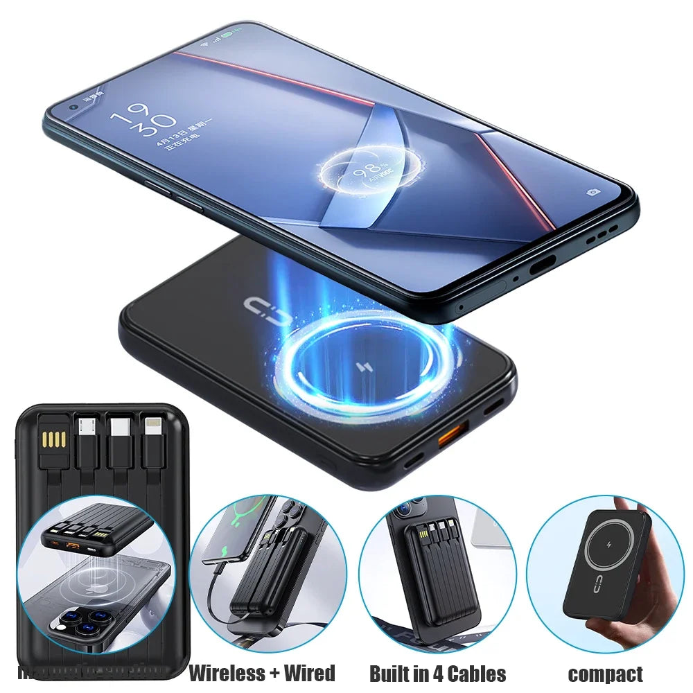10000mAh Power Bank 15W Magnetic Fast Charging External Battery Wireless Charger with 4lines Cable for iPhone 15/14/13 xiaomi