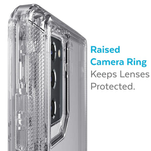 Hot Trend Vault Galaxy Note20 Ultra transparent shockproof case with two tempered glass screen protectors, showing the clear case on the phone.