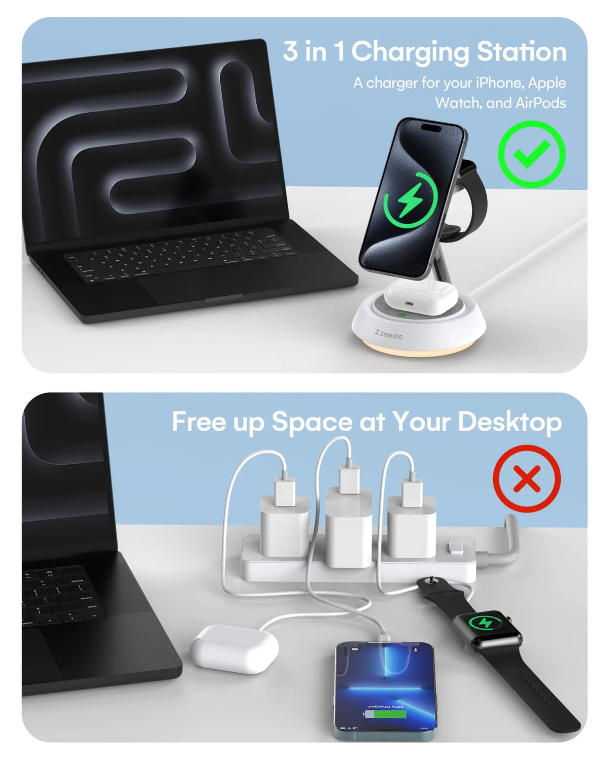 ZeeHoo 3-in-1 wireless charging station with night light for iPhone, Apple Watch, and AirPods by Hot Trend Vault on a desk.