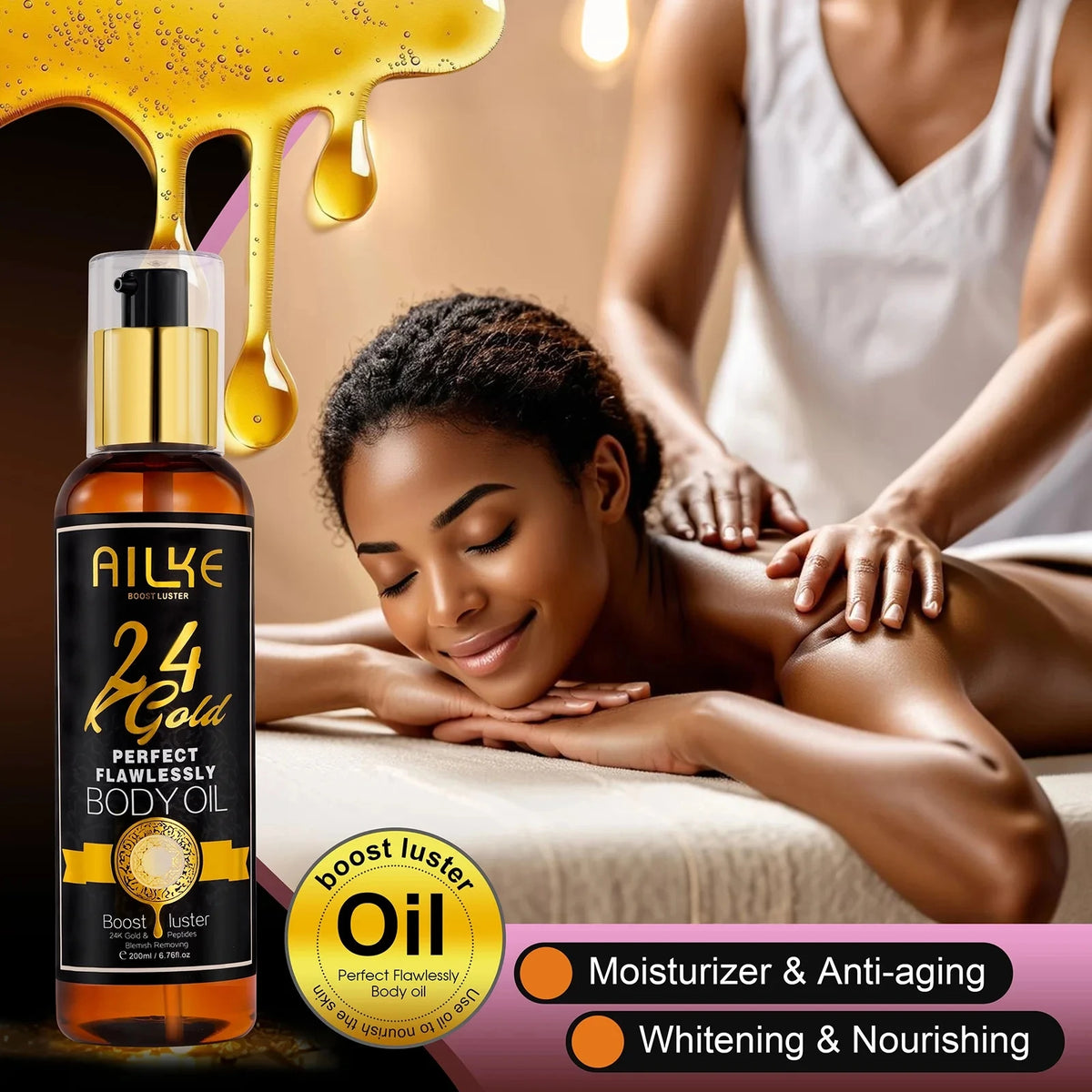 Luxury AILKE 24K Gold Collagen Whitening serum bottle by Hot Trend Vault with gold accents and elegant packaging.