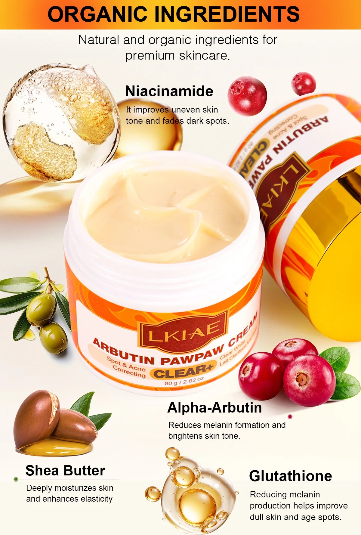 Hot Trend Vault Arbutin whitening cream with vitamin C, papaya, and carrot for dark spot removal and radiant moisturizing.