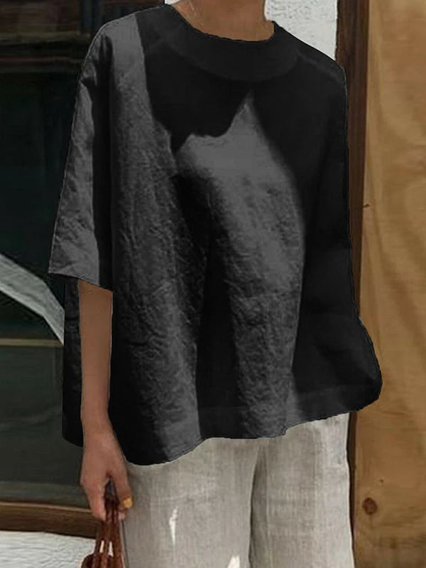 Women Summer Fashion Solid Color Round-Neck Linen T-Shirts Simple Half Sleeves Loose Casual Going Out Tops 2025 New