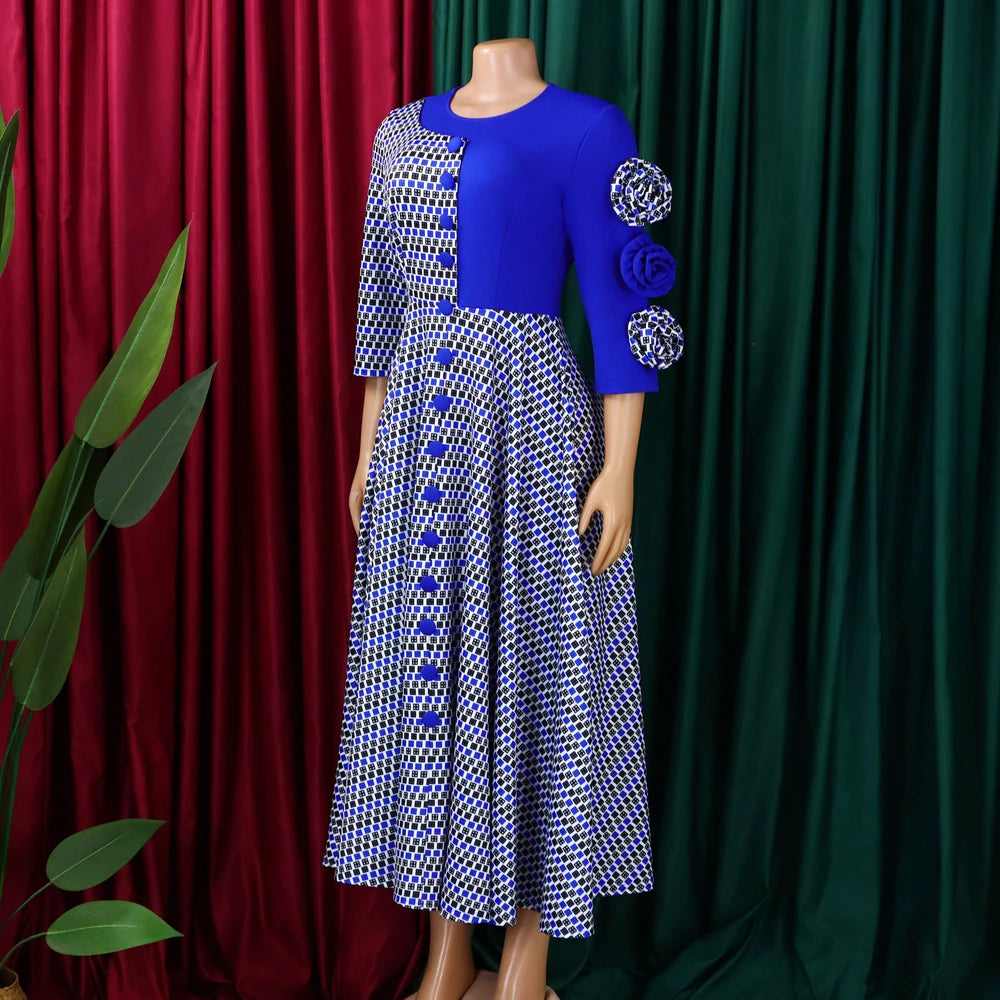 Elegant Dresses for Women 2025 Fall Fashion African 3/4 Sleeve Party Birthday New Robe Chic 3D Flower Plaid Evening A-Line Dress