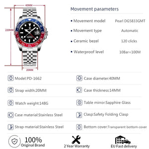 Luxury PAGANI DESIGN GMT men's watch with sapphire crystal, automatic movement, 40mm case, black dial, and stainless steel bracelet.