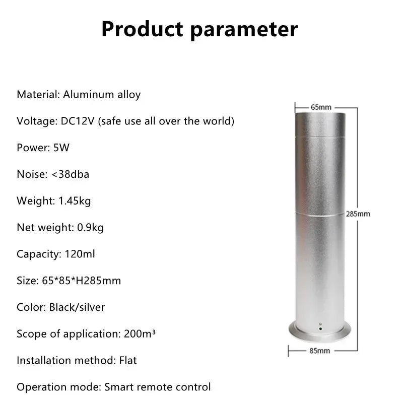 Hot Trend Vault LuxPerfume column aroma diffuser with 120ml capacity, metal finish, smart touch control for home, office, and hotel use.