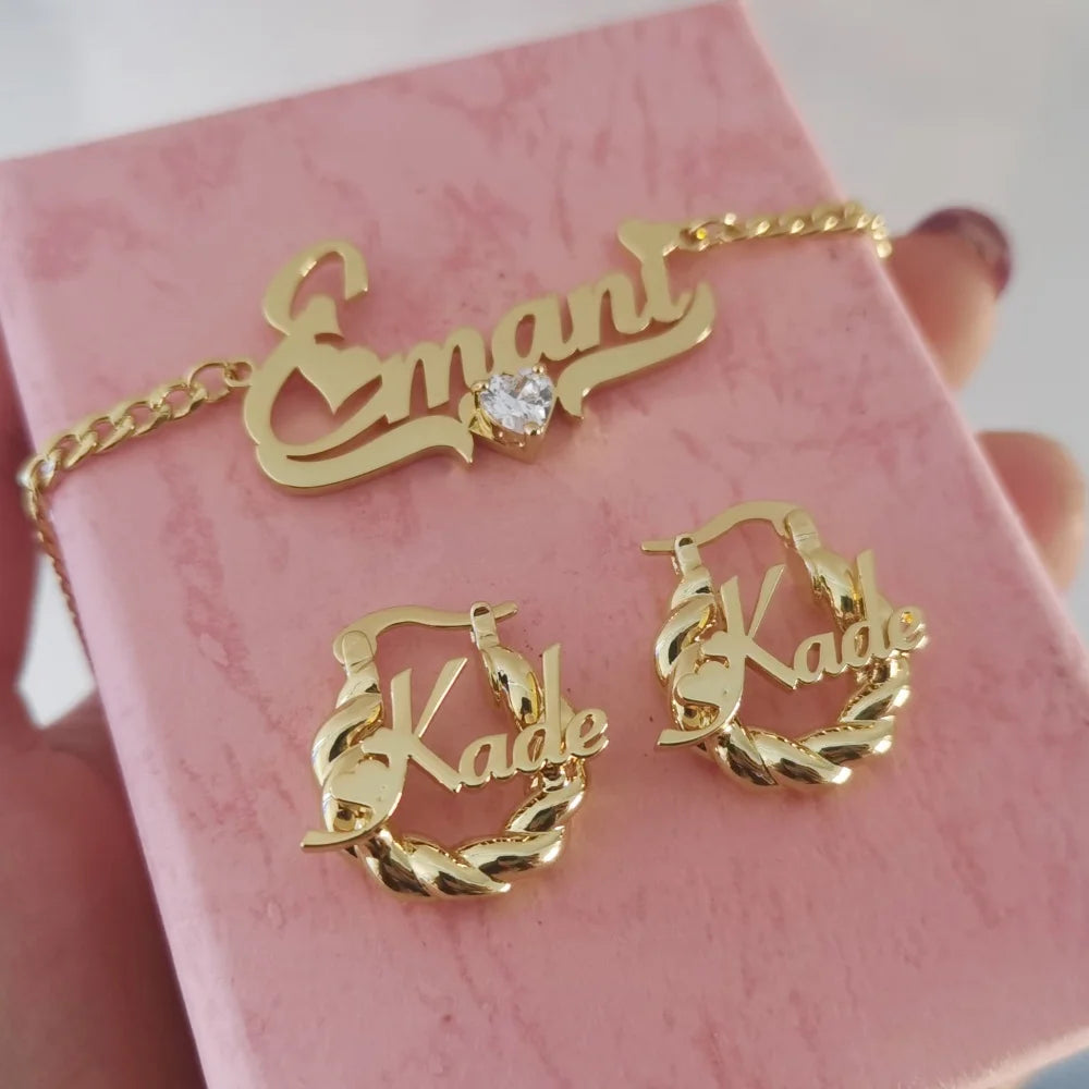 LeeChee Heart Zircon Custom Name Necklace 18mm Mini Twist Earrings Jewelry Set Gift For Girls
