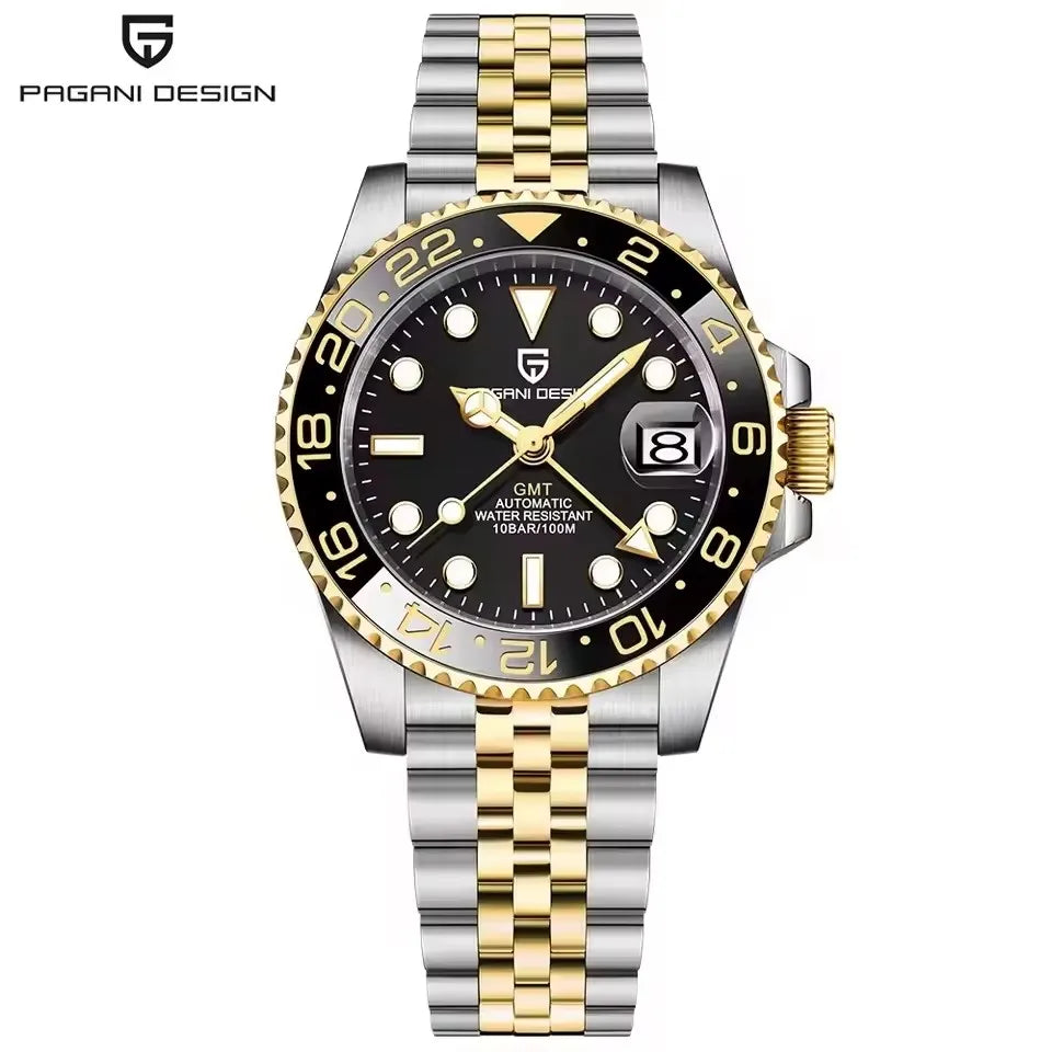 Luxury PAGANI DESIGN GMT men's watch with sapphire crystal, automatic movement, 40mm case, stylish design.