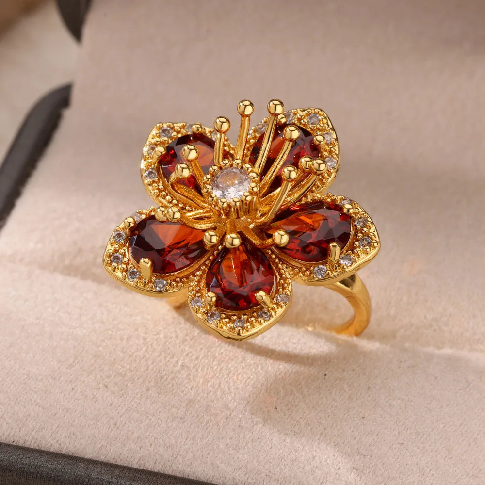 Green Zircon Flower Rings For Women Gold Color Stainless Steel Flower Floral Ring Elegant Luxury Wedding Aesthetic Jewelry Gift