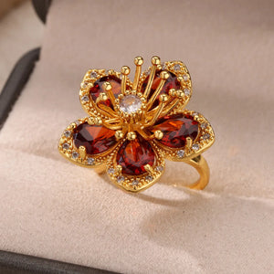 Elegant green zircon flower ring for women, 18K gold plated stainless steel wedding jewelry by ICFTZWECN, luxurious gift idea