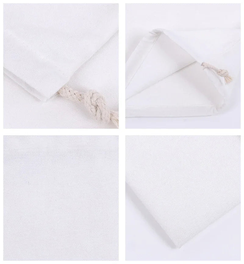 Reusable cotton produce bags with drawstrings by Hot Trend Vault, eco-friendly storage for fruits and vegetables.