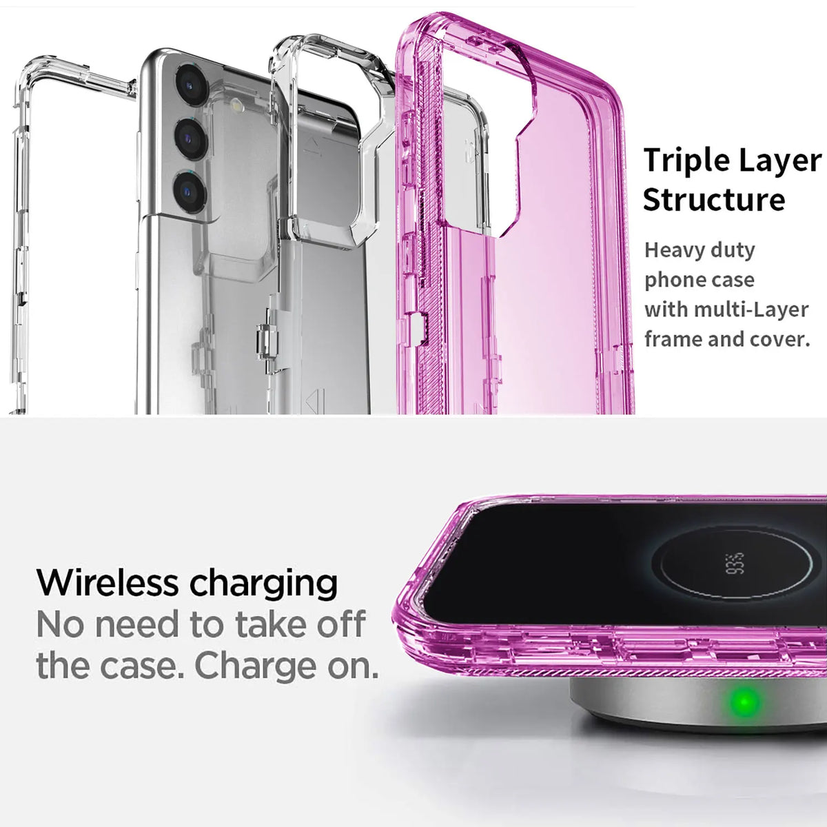 Transparent Hot Trend Vault Galaxy S21 Series shockproof case with two tempered glass screen protectors, showing clear phone protection.