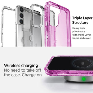 Transparent Hot Trend Vault Galaxy S21 Series shockproof case with two tempered glass screen protectors, showing clear phone protection.