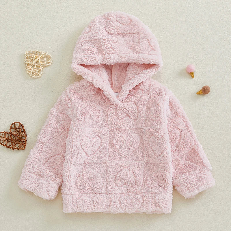 Emmababy girls plush hooded sweatshirt with long sleeves, cozy heart pattern, perfect for autumn and winter, by Hot Trend Vault.