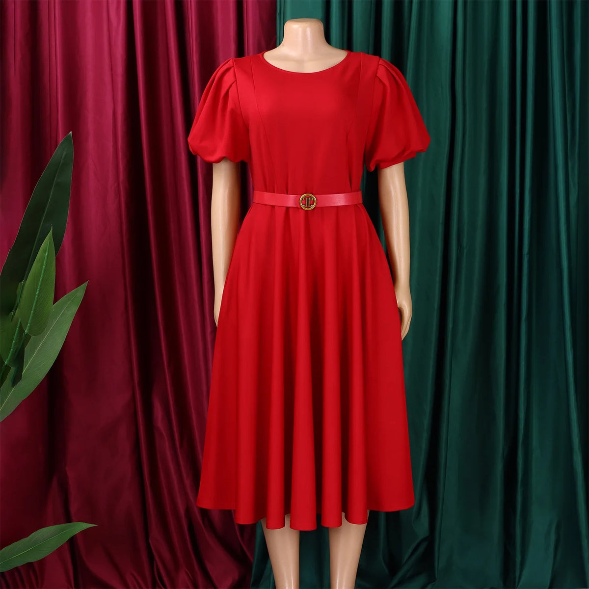 Elegant Dresses for Women 2026 New O Neck Short Sleeve Belt Waisted Pleated Mid Calf Fashion Ladies Birthday Party Dinner Dress