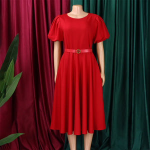 Elegant Dresses for Women 2026 New O Neck Short Sleeve Belt Waisted Pleated Mid Calf Fashion Ladies Birthday Party Dinner Dress