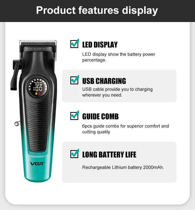 Hot Trend Vault VGRC cordless hair trimmer for men with LED display and 2000mAh battery, professional barber clipper in black