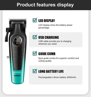 Hot Trend Vault VGRC cordless hair trimmer for men with LED display and 2000mAh battery, professional barber clipper in black