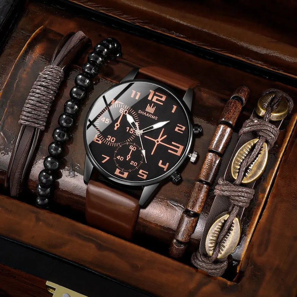 SHAARMS men's sports watch set with five retro big dial quartz watches, brown leather straps, and accessories by Hot Trend Vault.