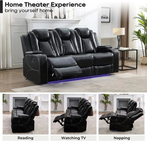 Hot Trend Vault Todrani premium zero gravity power reclining sofa with wireless charger and LED floor lights in a modern living room setting.