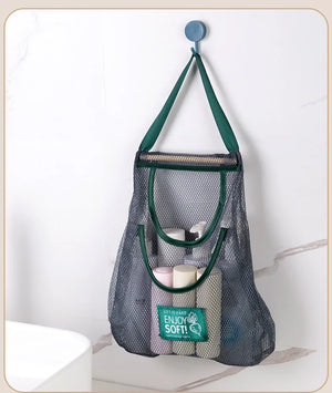 Reusable mesh storage bags hanging in a kitchen, ideal for storing vegetables and produce, by Hot Trend Vault.