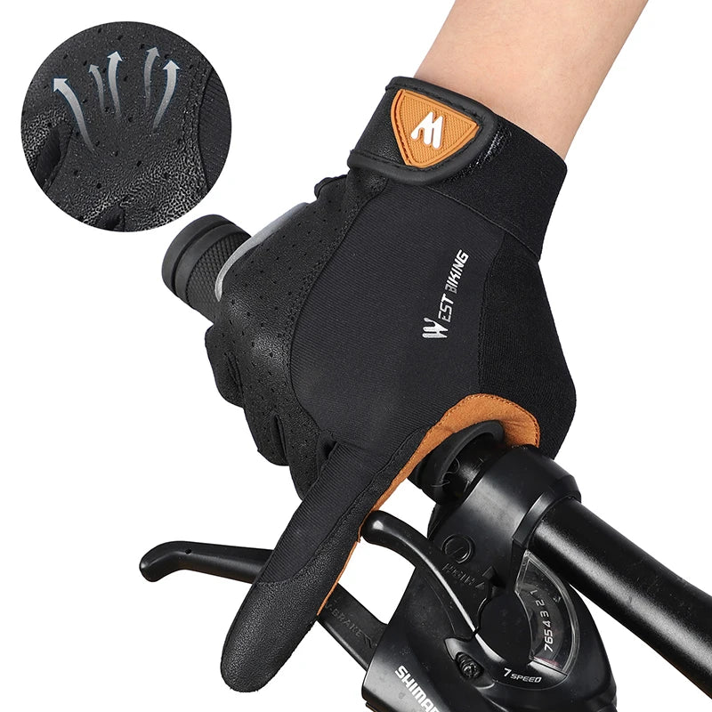 West Biking full finger cycling gloves by Hot Trend Vault, made of grippy synthetic leather and Lycra for men and women.