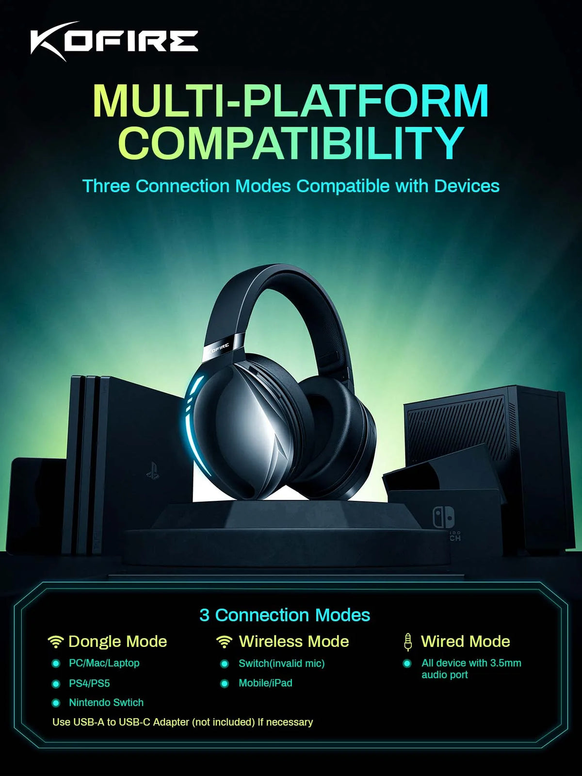 Kofire UG-06 Gaming Headset Low Latency 2.4G Bluetooth Wireless Headphones with Mic RGB Gradient Light Wired for PC PS5 Switch
