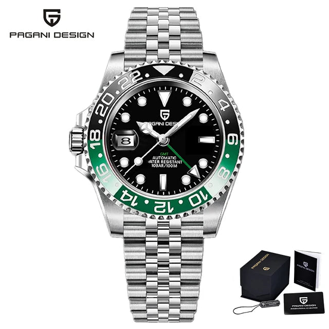 Luxury PAGANI DESIGN GMT men's watch with sapphire crystal, automatic movement, 40mm case, featuring a sleek black dial.